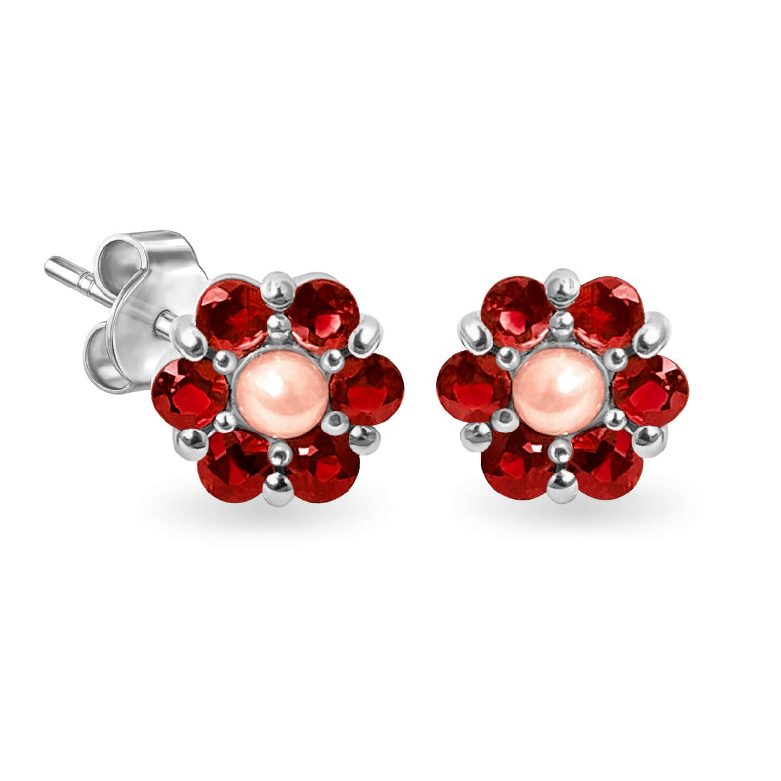 Earrings Flower Precious Stones, Pearl & 18K Gold – Ruby